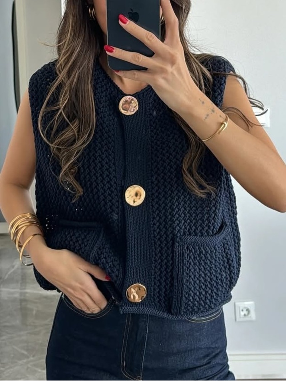 Zara Navy Knit Sleeveless Cardigan with Oversized Gold Buttons